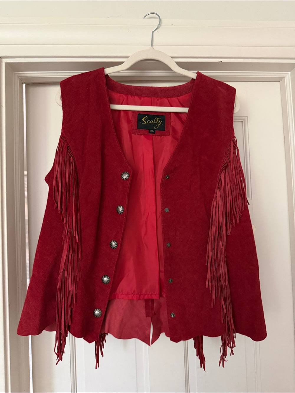 Red Suede Fringe Western Vest with Concho Buttons